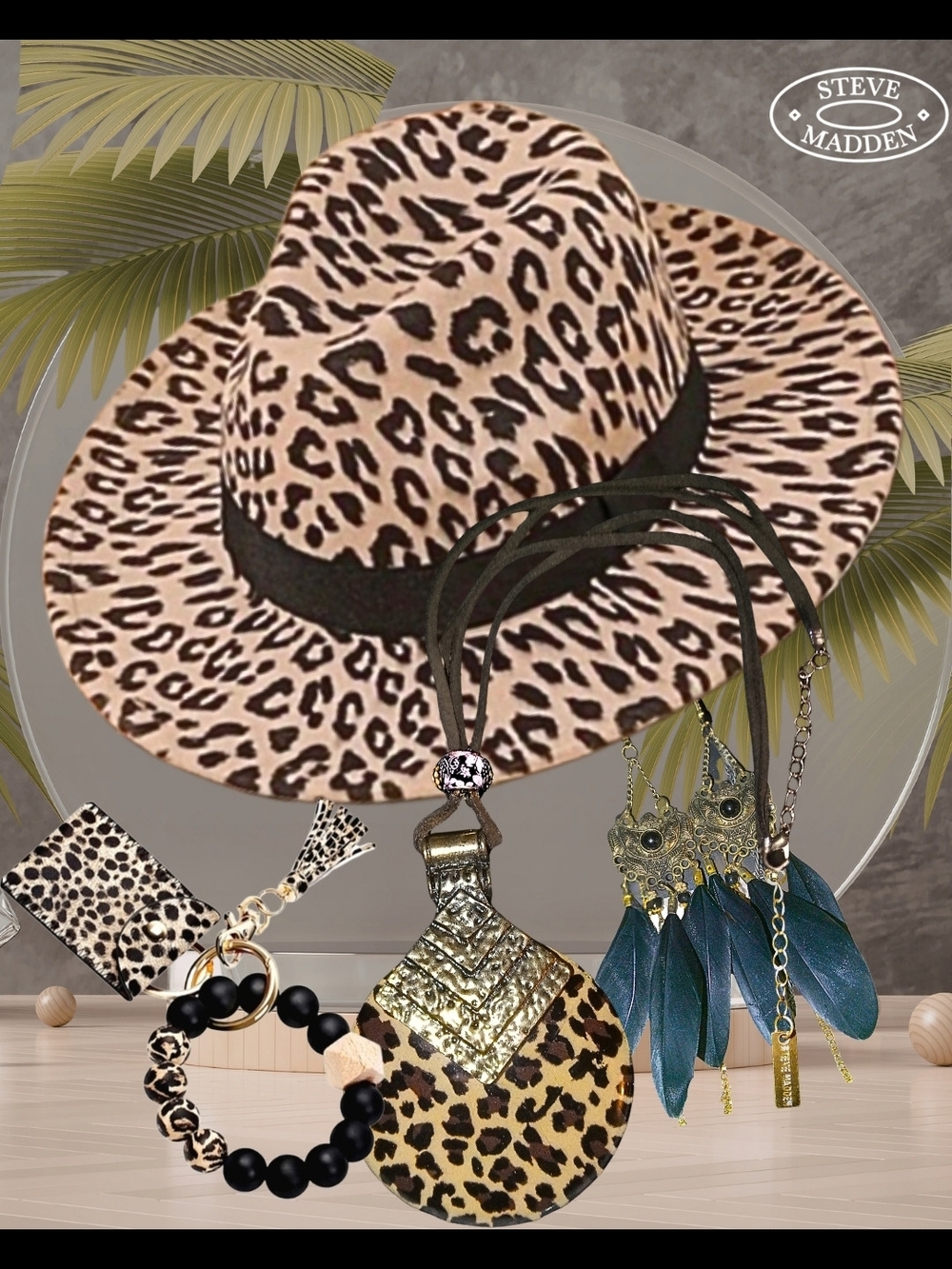 Festival Bundle Leopard-Print Wide Brim Fedora with Black Band - Beige/Black New